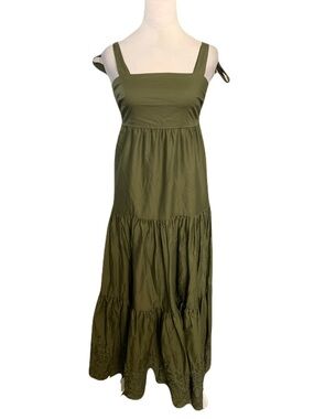 Jason Wu Women’s XS Olive Green Tiered Eyelet Lace Hem Midi Dress Square Neck